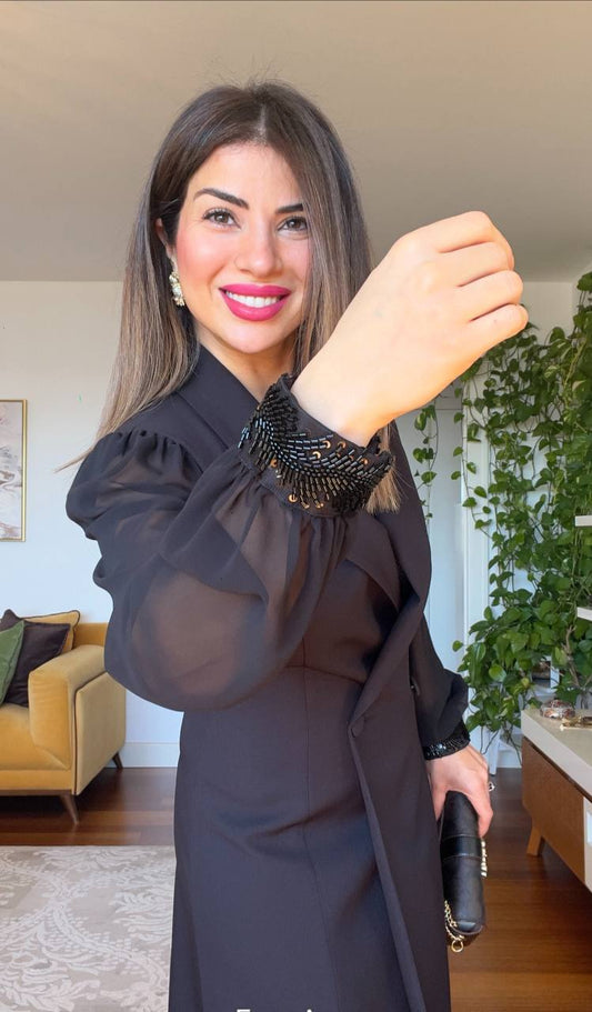 WRAP DRESS WITH CHIFFON SLEEVES - BLACK