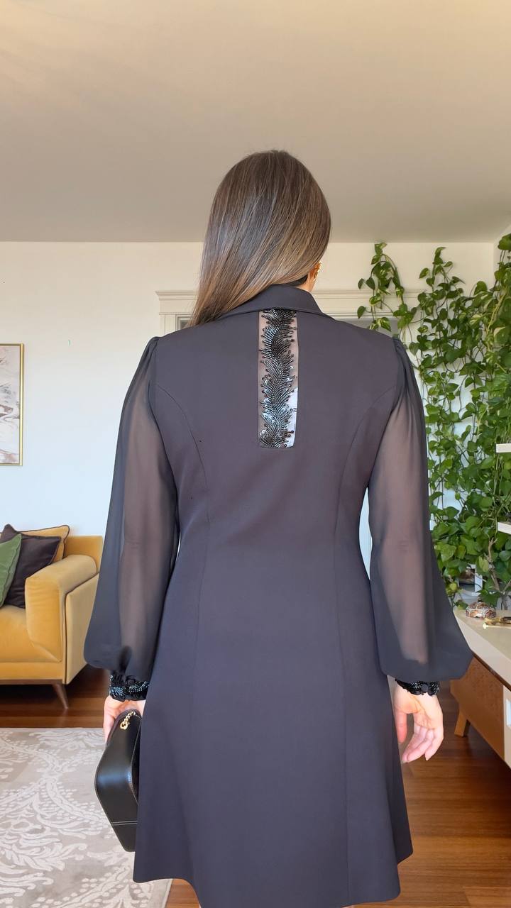 WRAP DRESS WITH CHIFFON SLEEVES - BLACK