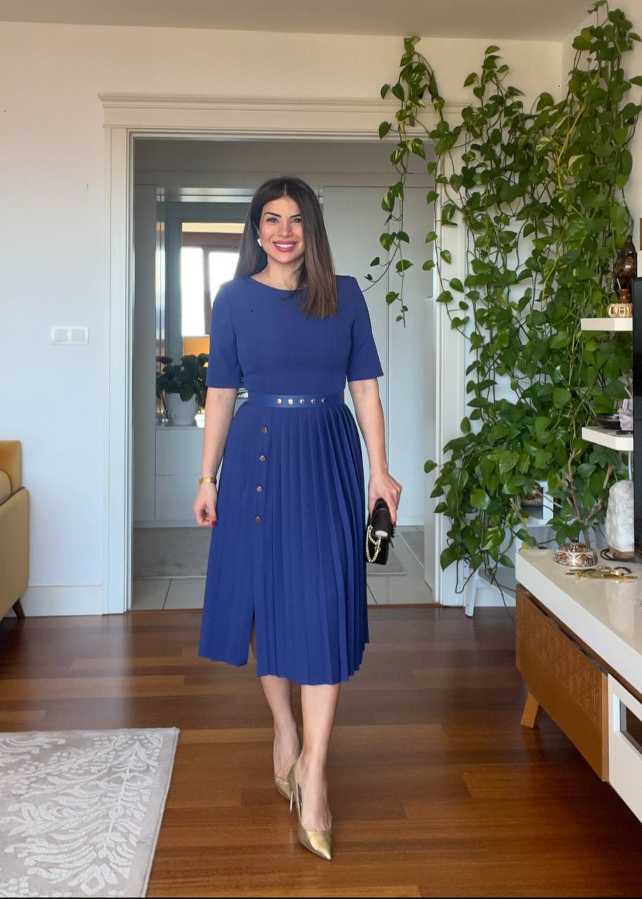 PLEATED SKİRTED DRESS - NAVY
