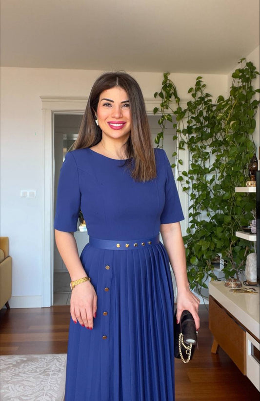 PLEATED SKİRTED DRESS - NAVY