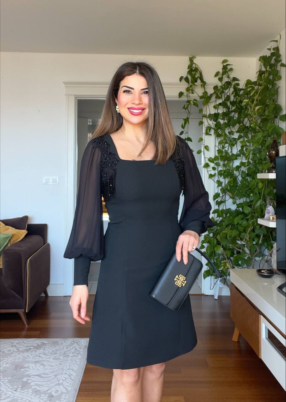 DRESS WITH STONE-EMBELLISHED SHOULDERS - BLACK