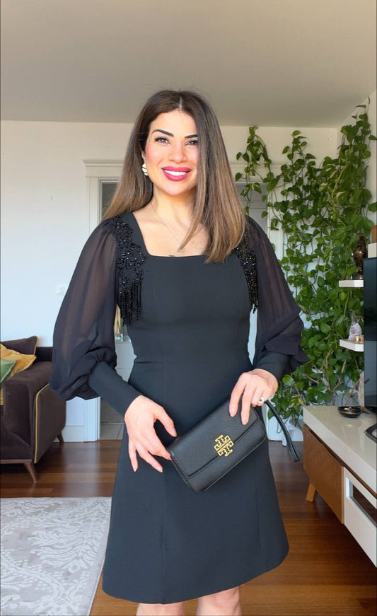 DRESS WITH STONE-EMBELLISHED SHOULDERS - BLACK