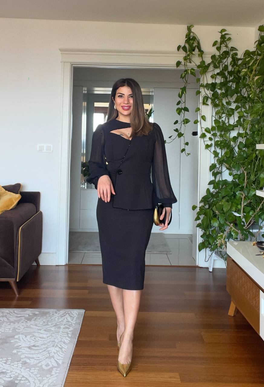 ASYMMETRICAL CUT CHIFFON SLEEVE DRESS - BLACK