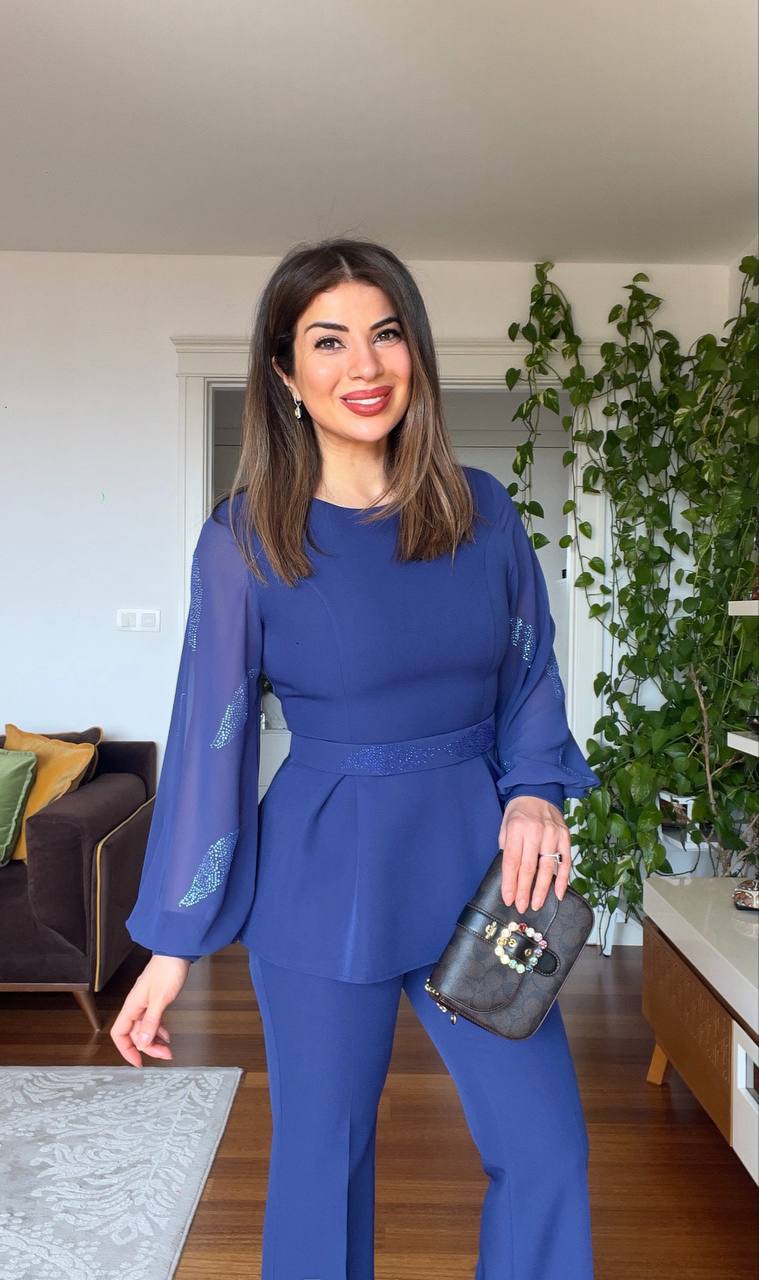 BELTED CHIFFON SLEEVE SET - NAVY