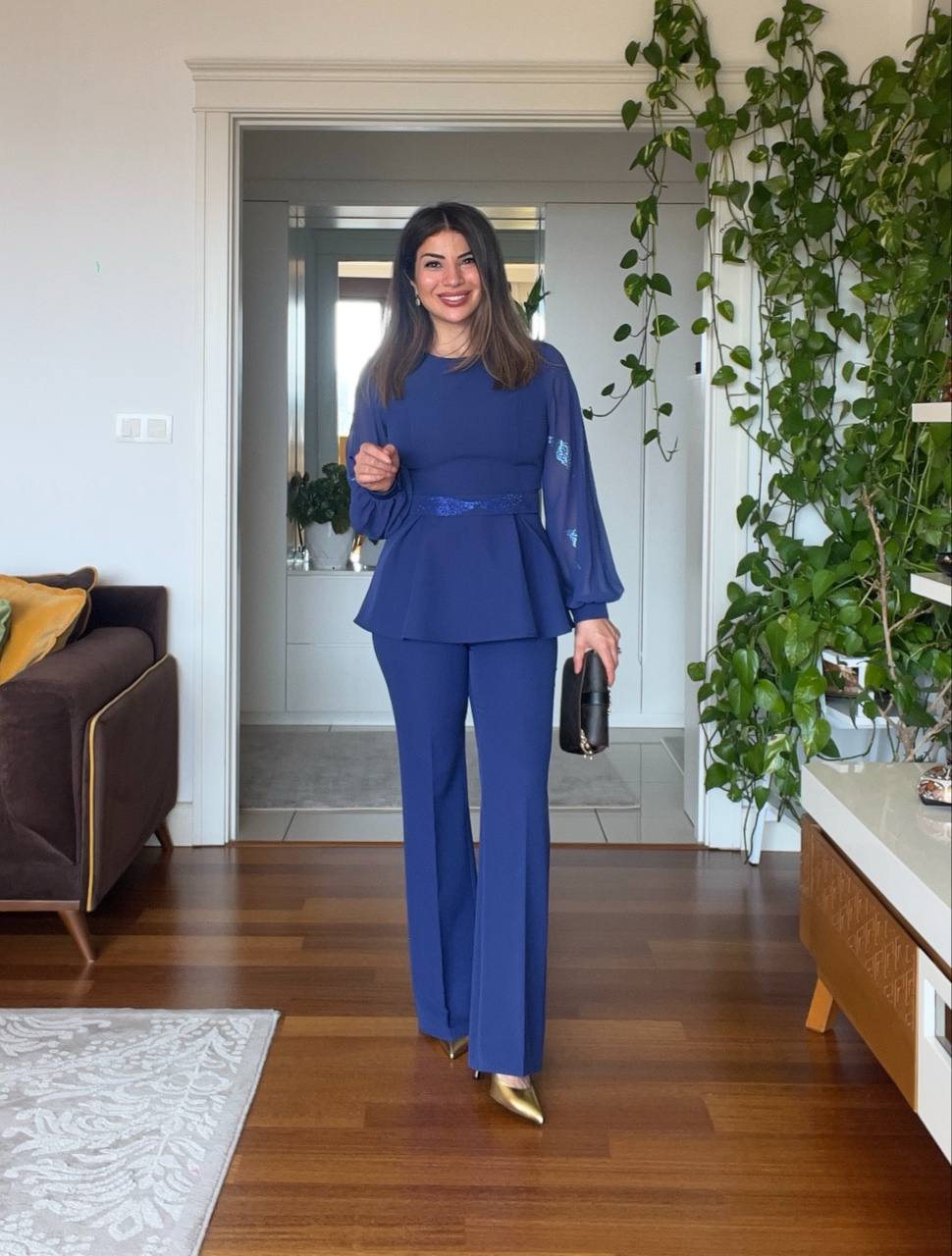 BELTED CHIFFON SLEEVE SET - NAVY