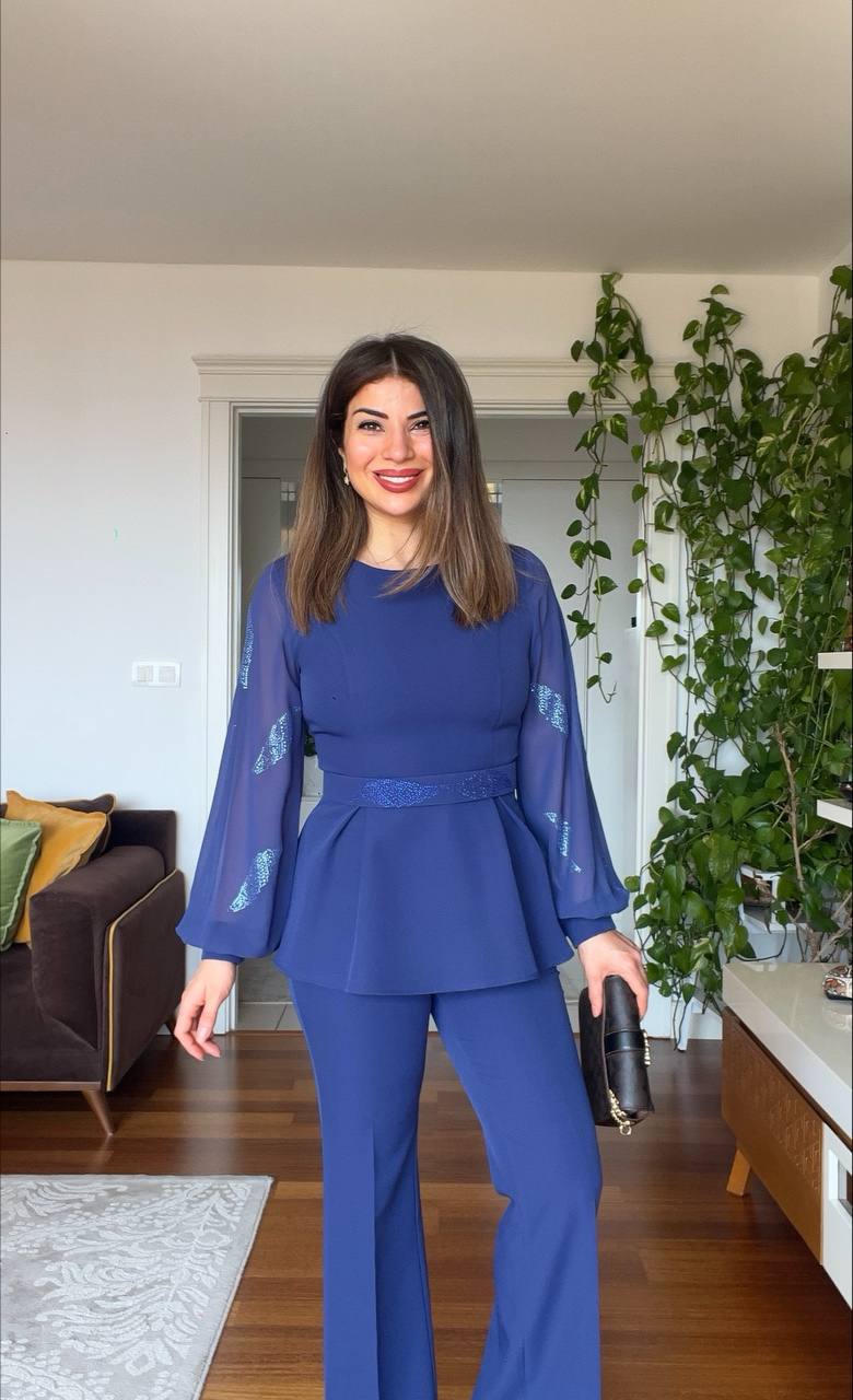 BELTED CHIFFON SLEEVE SET - NAVY