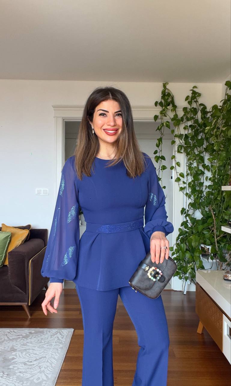 BELTED CHIFFON SLEEVE SET - NAVY