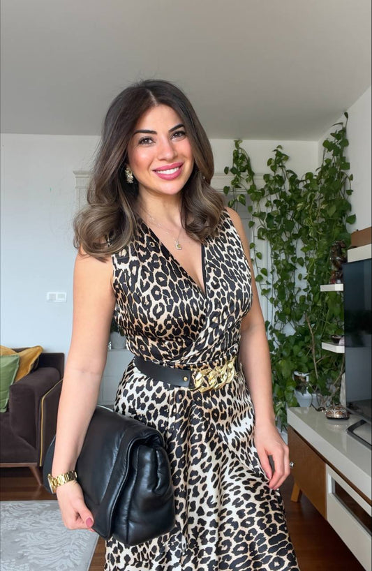 ASYMMETRIC SKIRT SLEEVELESS LEOPARD DRESS