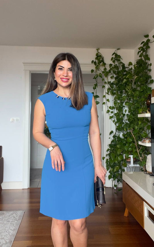 DRESS WITH STONE-EMBELLISHED COLLAR - BLUE