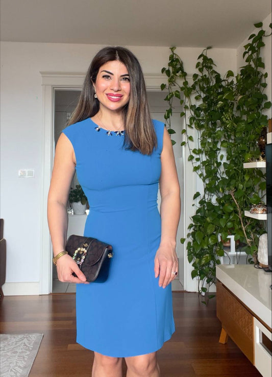 DRESS WITH STONE-EMBELLISHED COLLAR - BLUE