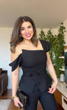 SHOULDER-DETAILED PEARL BUTTON SUIT – BLACK