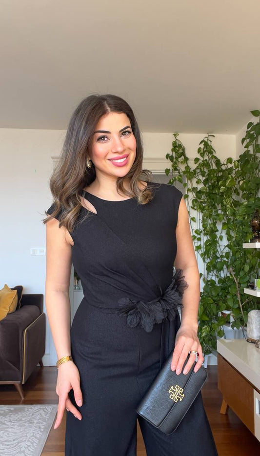 WAIST FLORAL DETAIL JUMPSUIT – BLACK