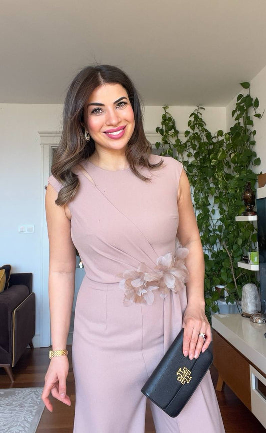 WAIST FLORAL DETAIL JUMPSUIT – BEİGE