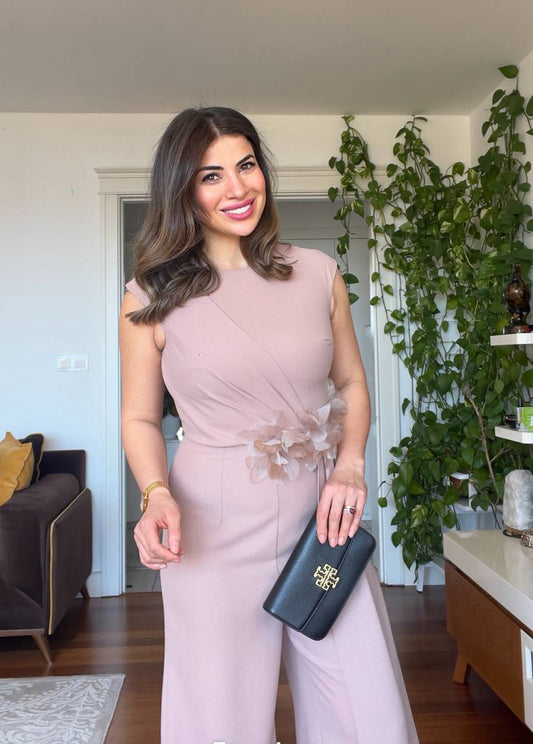 WAIST FLORAL DETAIL JUMPSUIT – BEİGE