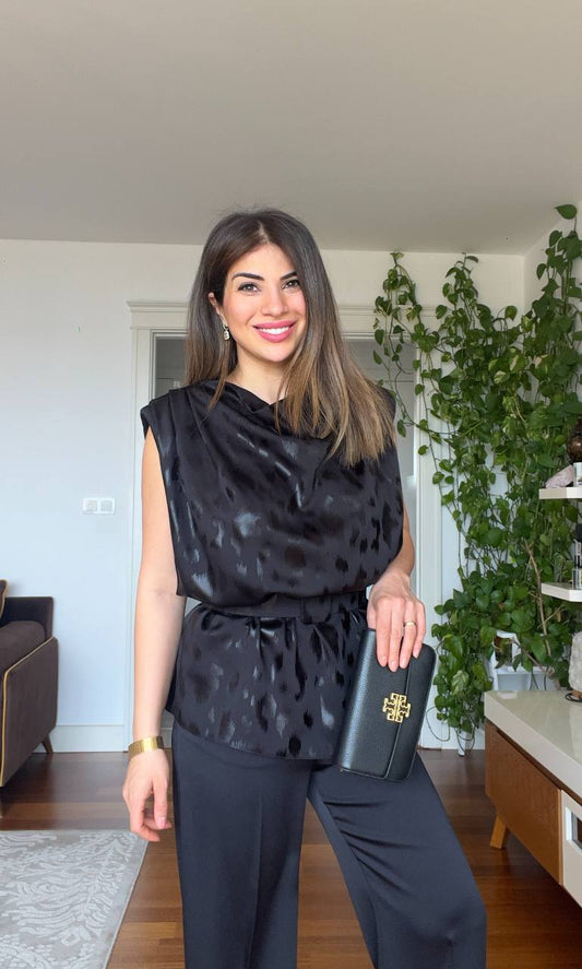 PADDED FOIL BLOUSE & WIDE-LEG PANTS SET - BLACK