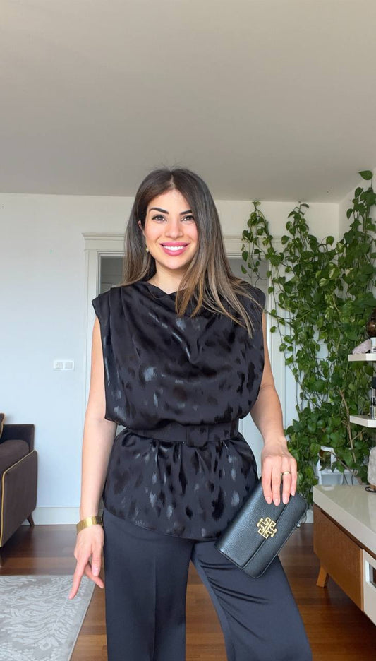 PADDED FOIL BLOUSE & WIDE-LEG PANTS SET - BLACK