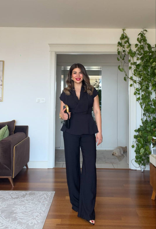 TEXTURED STRIPED PEPLUM VEST SUIT – BLACK