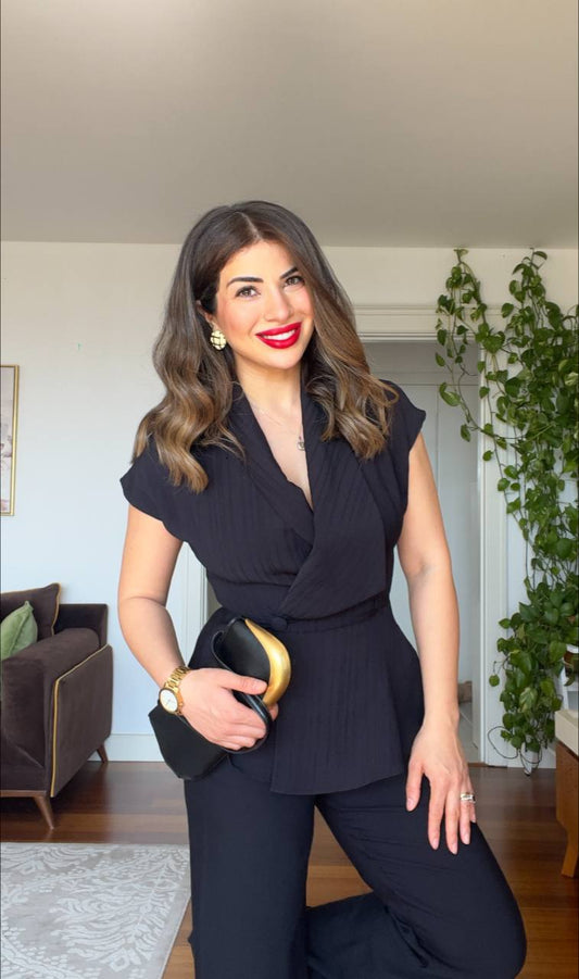 TEXTURED STRIPED PEPLUM VEST SUIT – BLACK