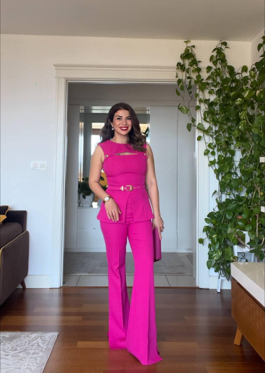 GOLD BUTTON SHOULDER DETAIL PEPLUM SUIT – FUCHSIA