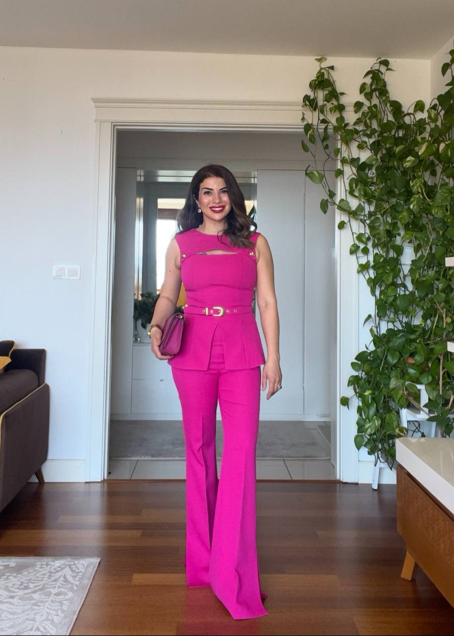 GOLD BUTTON SHOULDER DETAIL PEPLUM SUIT – FUCHSIA