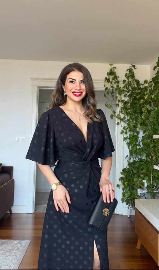 POLKA DOT WRAP MIDI DRESS - BLACK