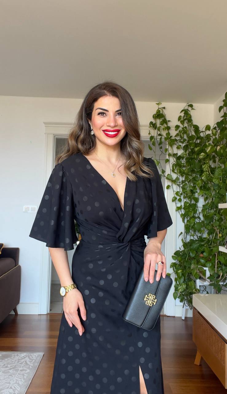 POLKA DOT WRAP MIDI DRESS - BLACK
