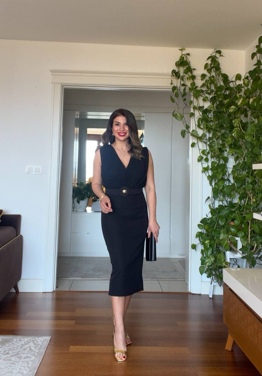 WRAP-NECK PENCIL DRESS – BLACK