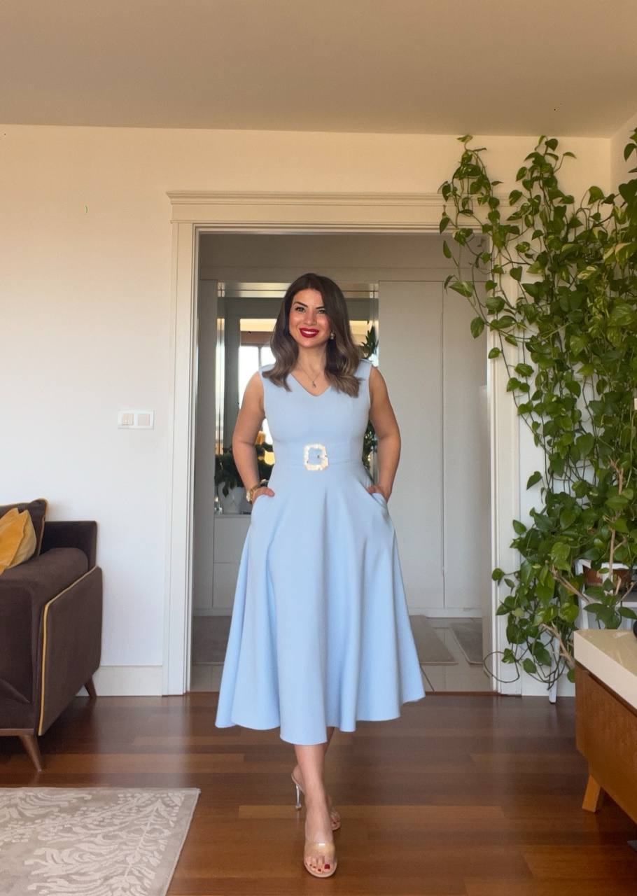 PEARL BUCKLE V-NECK MIDI DRESS – BABY BLUE