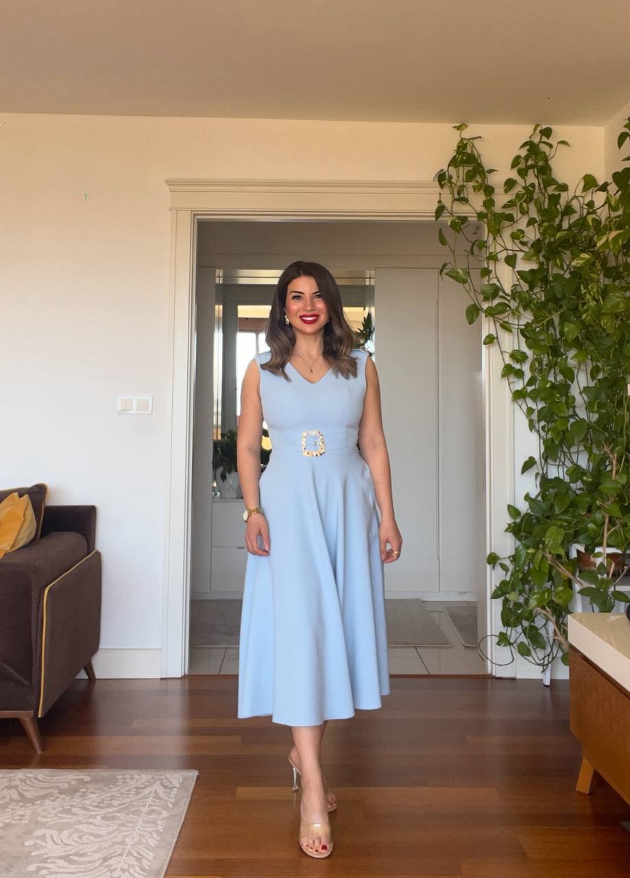 PEARL BUCKLE V-NECK MIDI DRESS – BABY BLUE