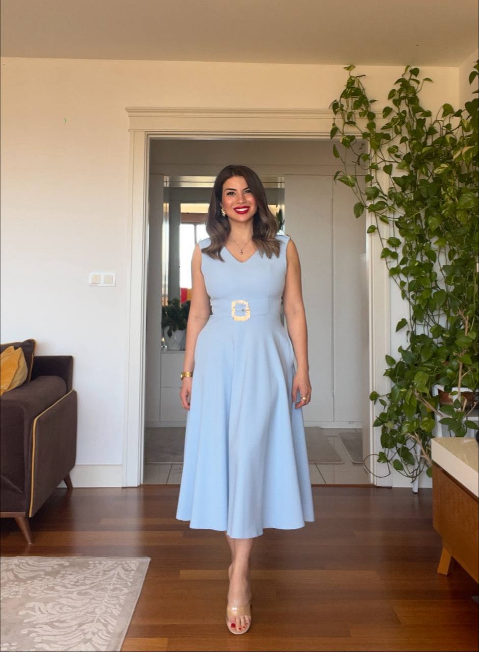 PEARL BUCKLE V-NECK MIDI DRESS – BABY BLUE