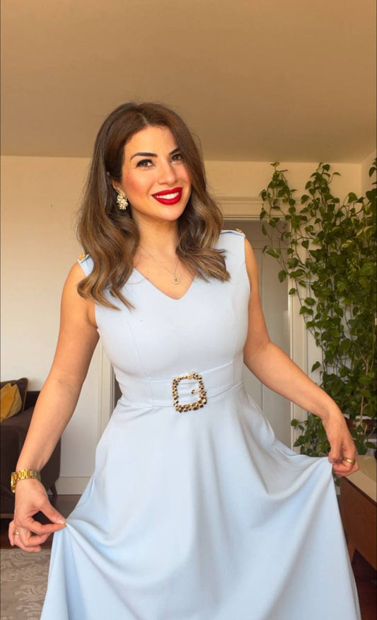 PEARL BUCKLE V-NECK MIDI DRESS – BABY BLUE