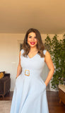 PEARL BUCKLE V-NECK MIDI DRESS – BABY BLUE