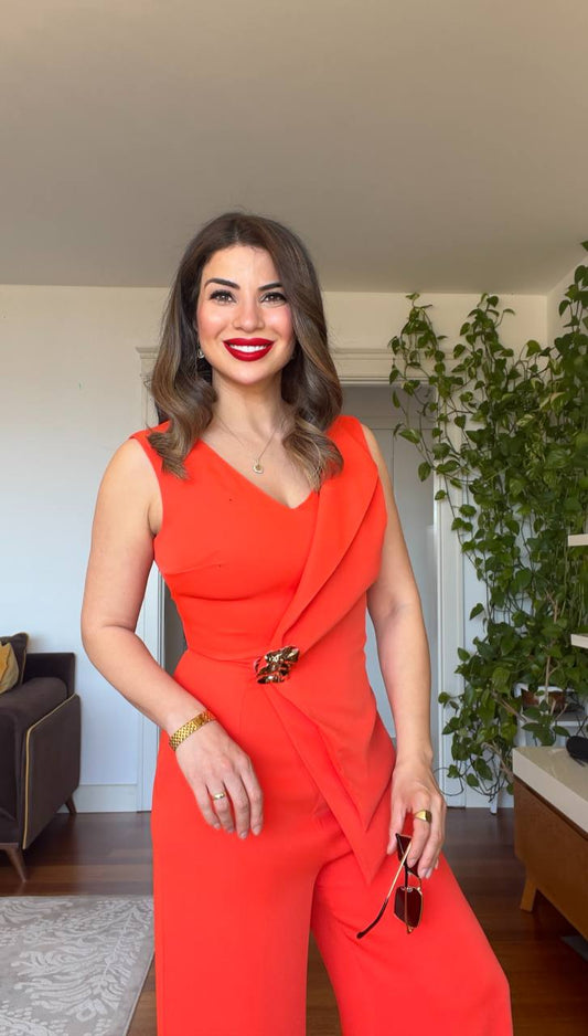 ASYMMETRICAL BUCKLE JUMPSUIT -  RED