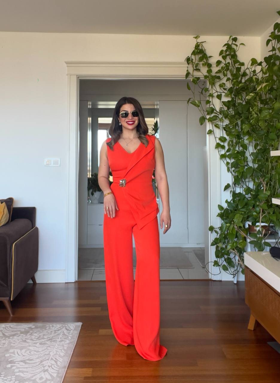 ASYMMETRICAL BUCKLE JUMPSUIT - RED