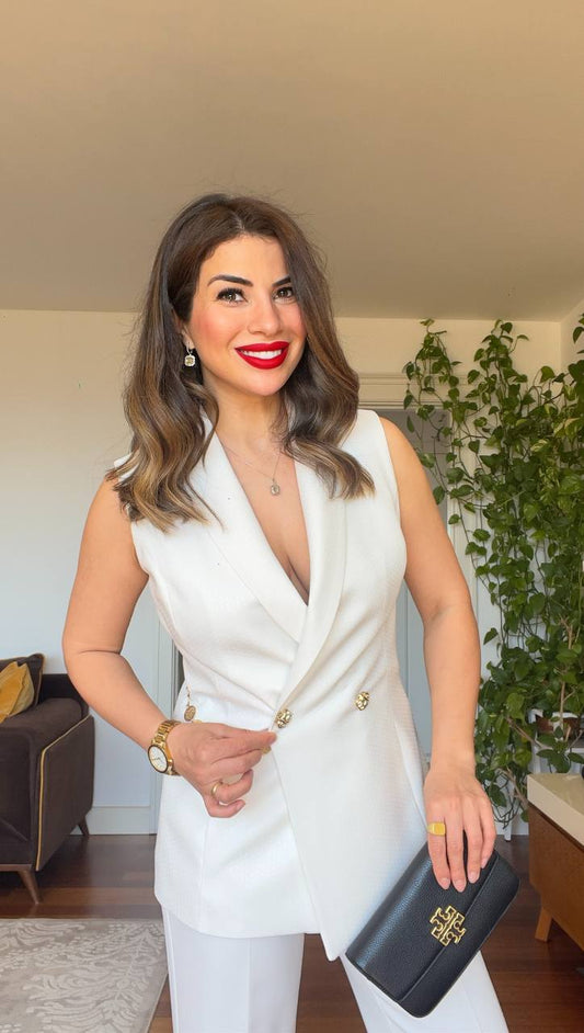 GOLD BUTTON DETAIL DOUBLE-BREASTED VEST SUIT – ECRU