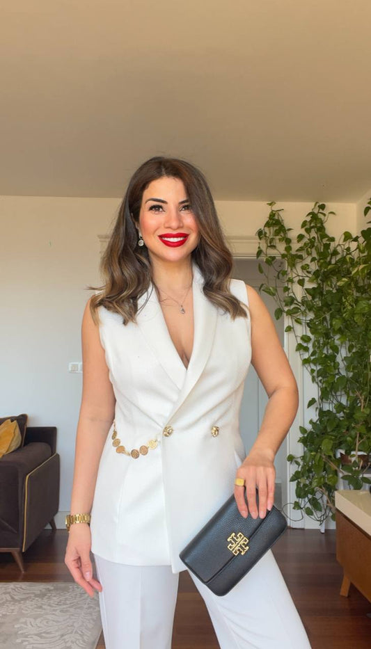 GOLD BUTTON DETAIL DOUBLE-BREASTED VEST SUIT – ECRU