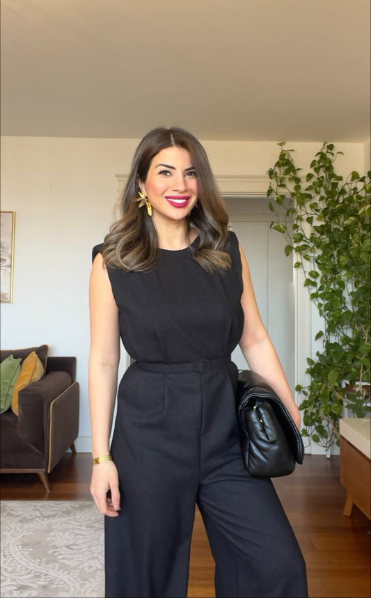 BELTED SLEEVELESS JUMPSUIT - BLACK