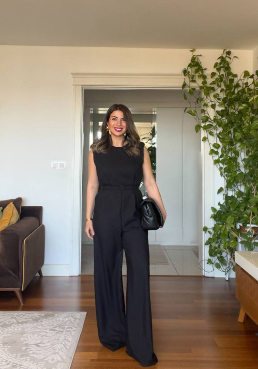 BELTED SLEEVELESS JUMPSUIT - BLACK
