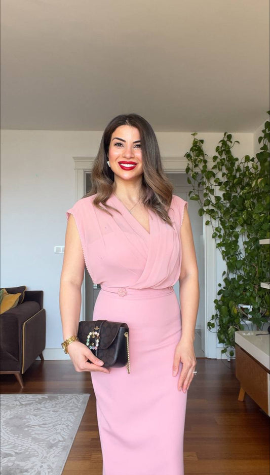 DRAPED MIDI DRESS - POWDER