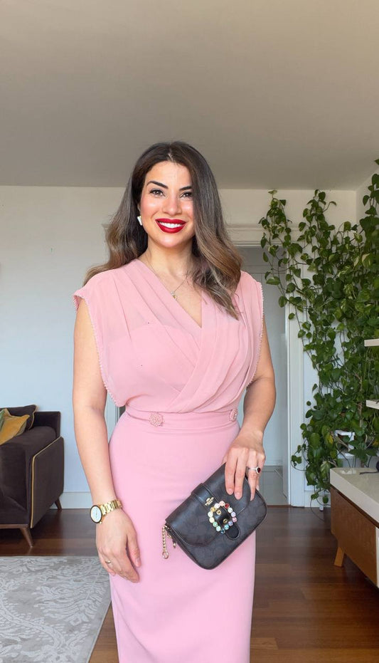 DRAPED MIDI DRESS - POWDER