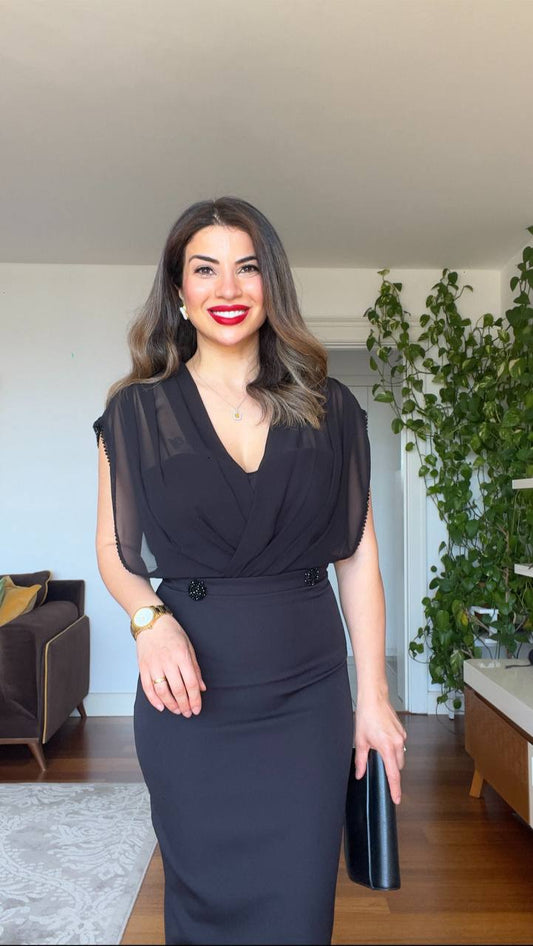 DRAPED MIDI DRESS - BLACK