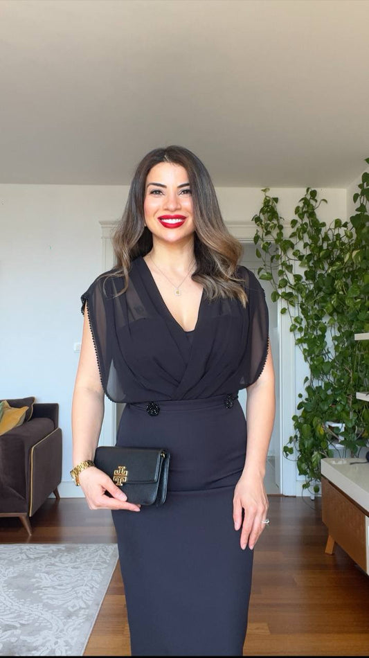 DRAPED MIDI DRESS - BLACK