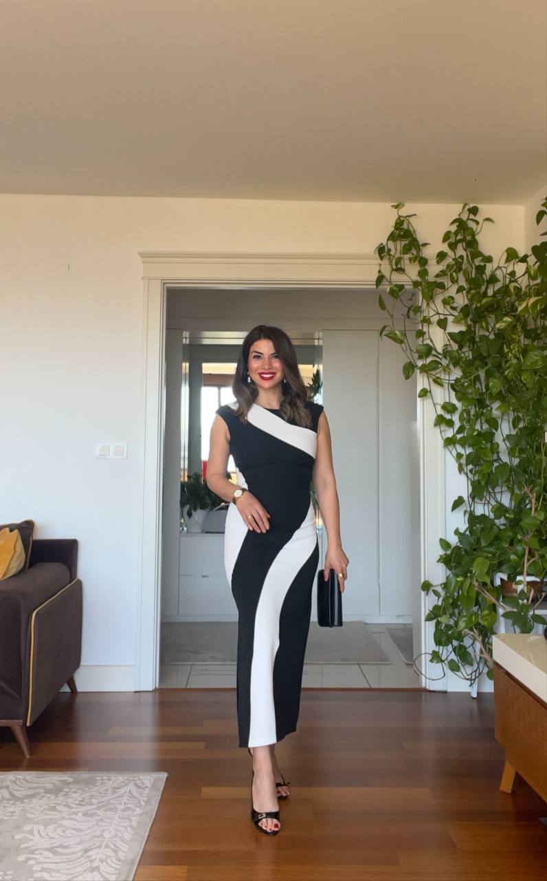 ASYMMETRICAL COLOR BLOCK PENCIL DRESS – BLACK & WHITE