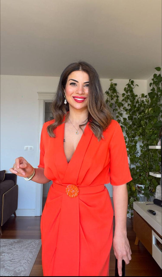 BELTED WRAP MINI DRESS – POPPY RED