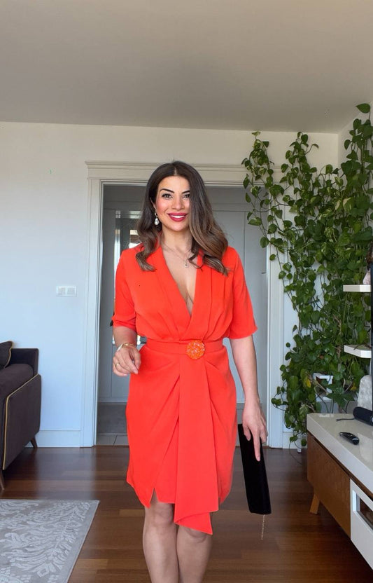 BELTED WRAP MINI DRESS – POPPY RED