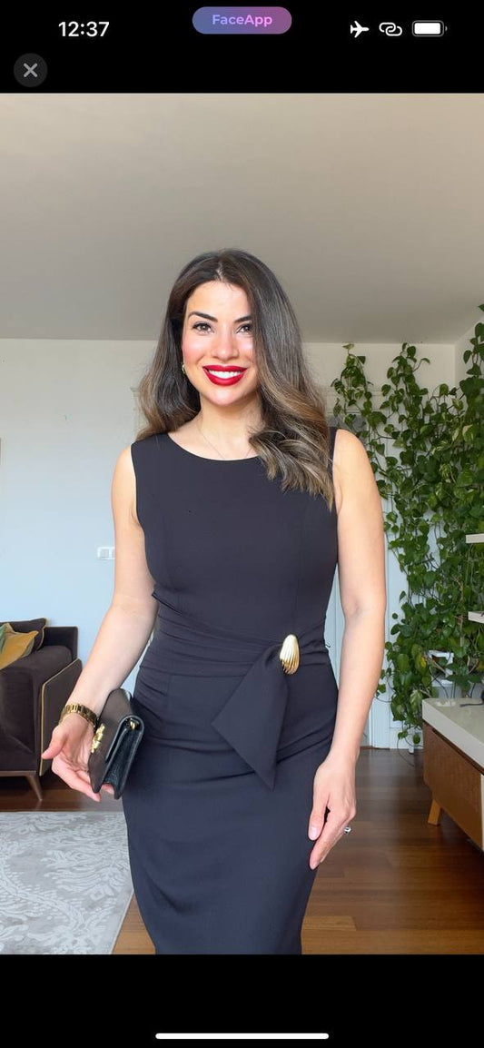 ELEGANT MIDI PENCIL DRESS WITH WAIST TIE - BLACK