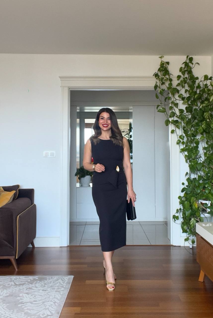 ELEGANT MIDI PENCIL DRESS WITH WAIST TIE - BLACK