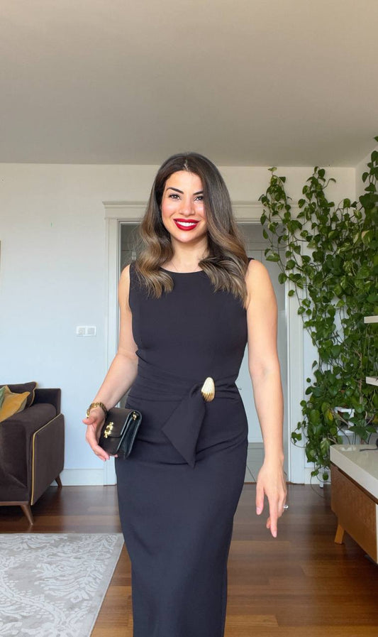 ELEGANT MIDI PENCIL DRESS WITH WAIST TIE - BLACK