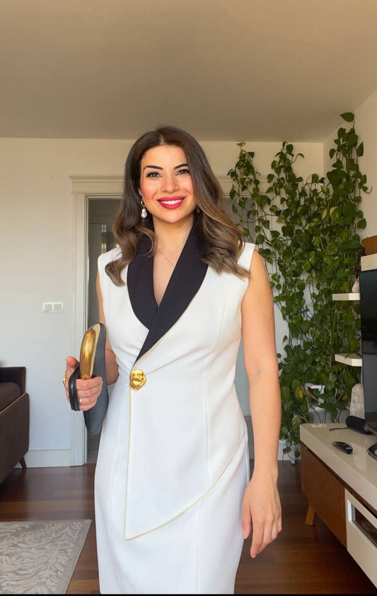 BLACK COLLAR DETAILED BUTTONED PENCIL DRESS - WHITE