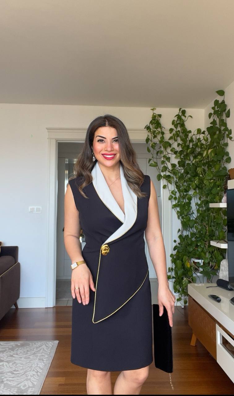 WHİTE COLLAR DETAILED BUTTONED PENCIL DRESS - BLACK